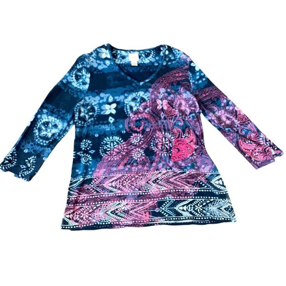 Chico's V-Neck 3/4 Sleeve Top Beaded Embroidered Sz 1 (M/8) #57B - Picture 2 of 9